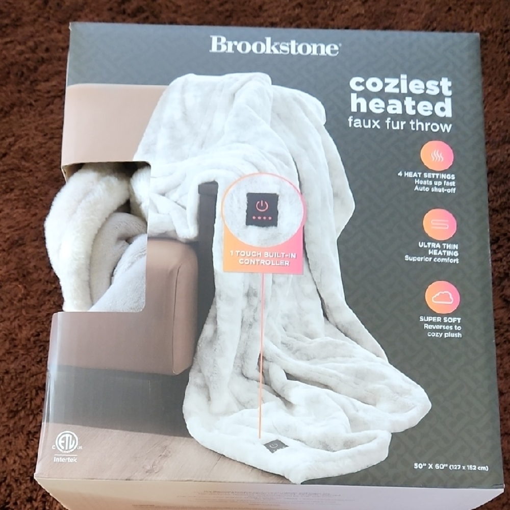 Brookstone White Heated Faux Fur Throw